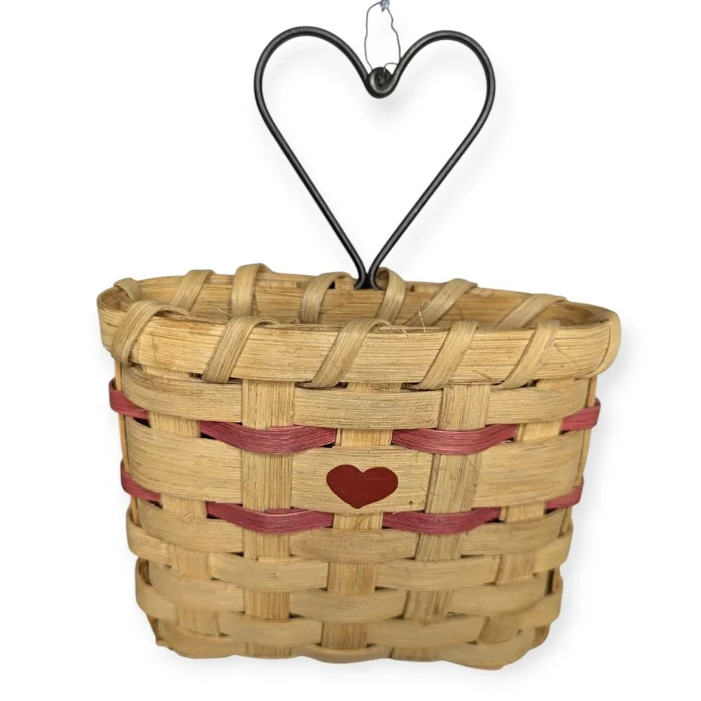 Vintage Hand Crafted & Signed 1993 Woven Hanging Basket with Metal Heart Accent